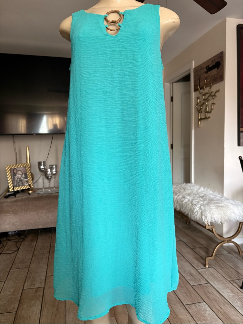 Tacera Turquoise Sleeveless Midi Dress with Decorative Ring size PM Regular S